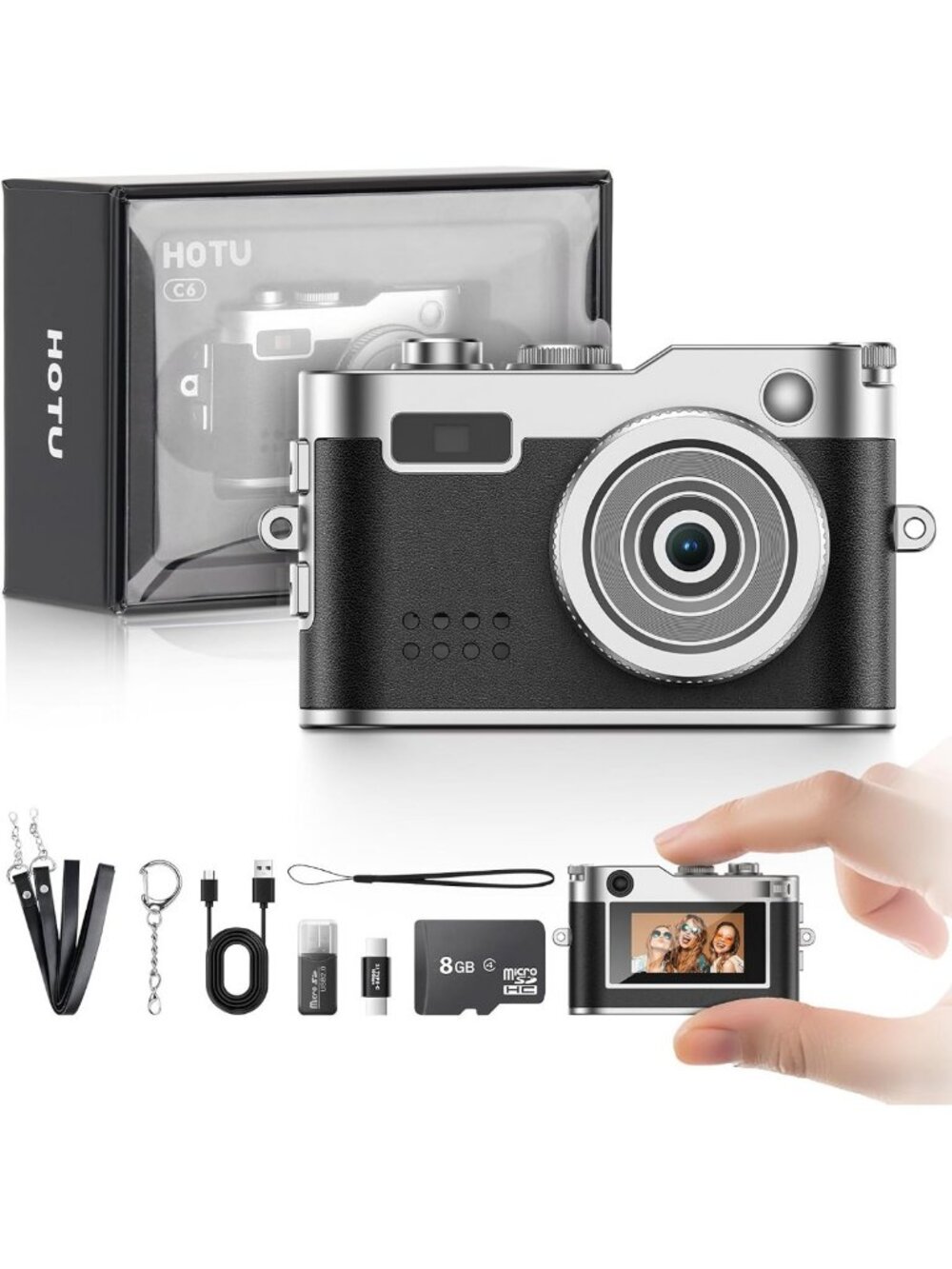 Compact Mini Digital Camera 1080P HD, Keychain Vlog Camera with Flash, 8G Card